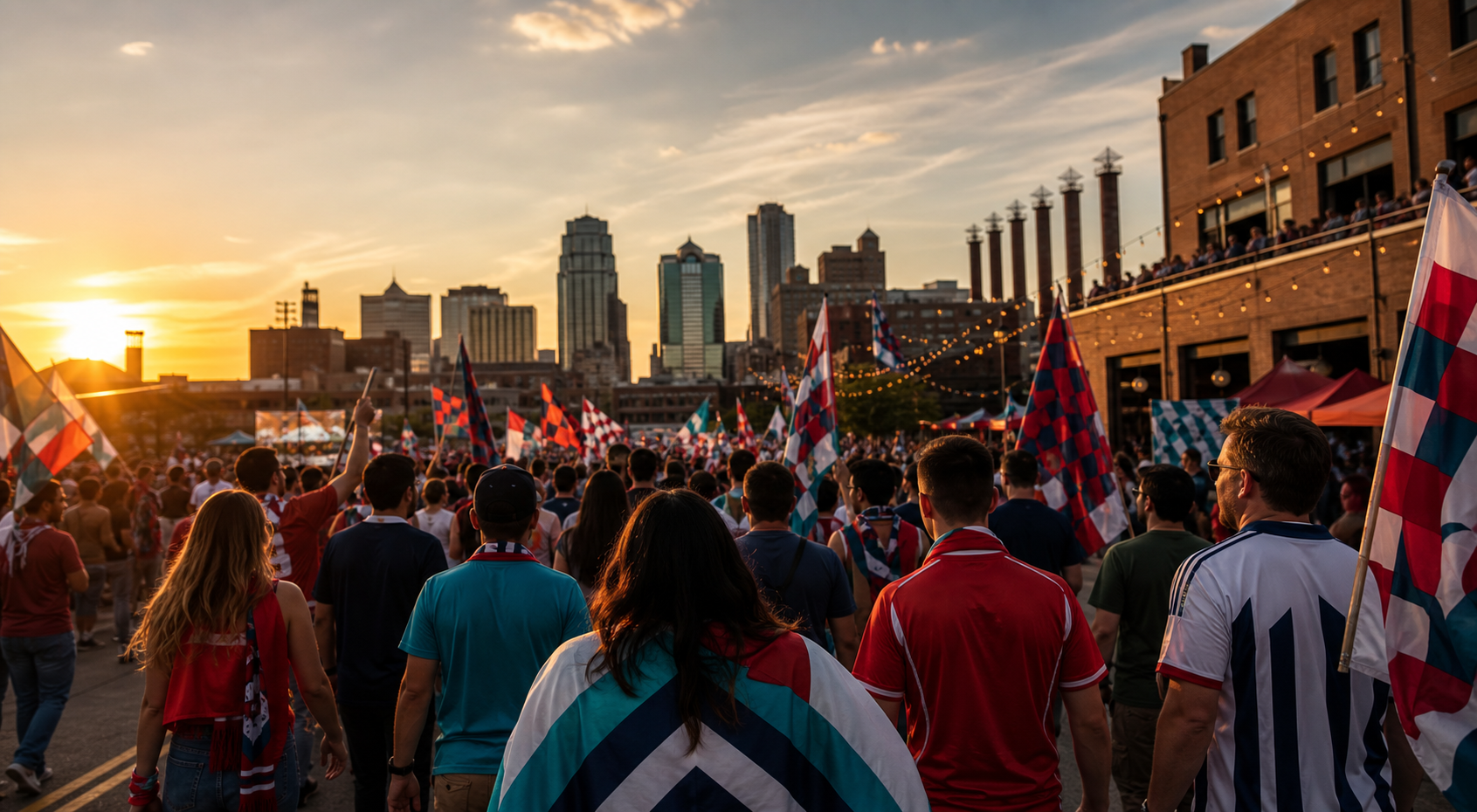 Soccer fans gathering near a Kansas City-inspired skyline at sunset